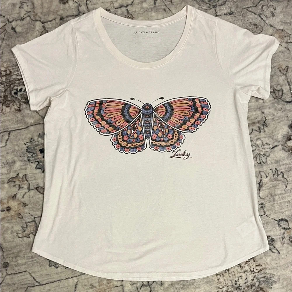 Lucky Brand Women's White Tee with Colorful Butterfly Design - Picture 1 of 4